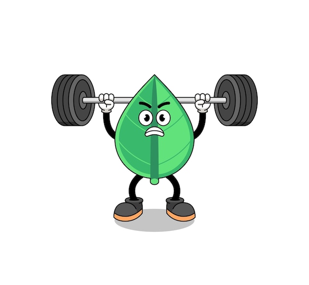 Leaf mascot cartoon lifting a barbell