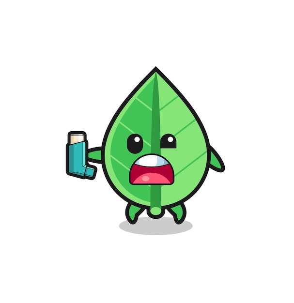 Leaf mascot having asthma while holding the inhaler  cute design