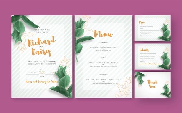 Leaf wedding invitation pack with rsvp thank you and instagram story premium vector