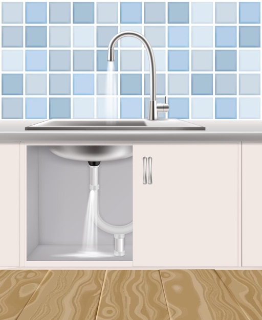キッチンのシンクの下に水道管が漏れているベクトルのリアルなイラスト 配管事故配管工サービスのコンセプト