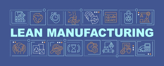 Lean manufacturing word concepts dark blue banner Goods production Infographics with icons on color background Isolated typography Vector illustration with text ArialBlack font used