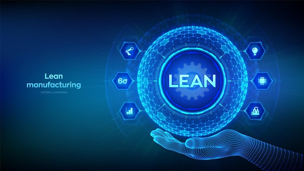 Lean Six Sigma slimme industrie kwaliteitscontrole standaardisatie Lean productie DMAIC Business en industrieel proces optimalisatie concept Zeshoekige rasterbol in wireframe hand