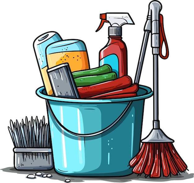 Leaning equipment a bucket of water a mop detergents isolated on a white background vector illustration in bright colors