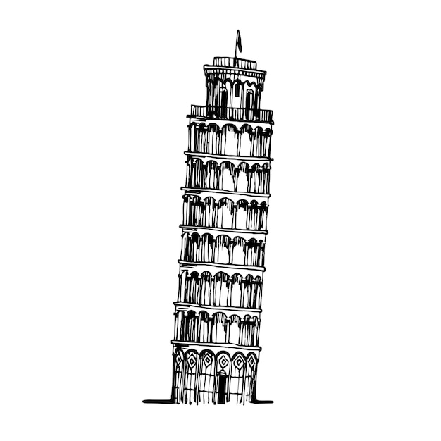 The Leaning Tower of Pisa a famous Italian tourist landmark In black ink