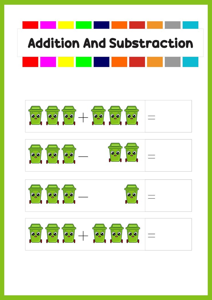 Vector learn addition and subs traction for kids cute rubbish bin