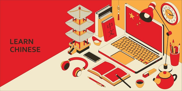 Learn chinese language isometric concept with open laptop, books, headphones, and tea. translation chinese language