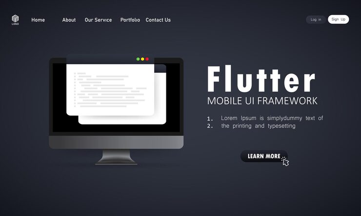 Вектор научитесь кодировать flutter mobile ui framework на экране компьютера, иллюстрации кода языка программирования. вектор на изолированном белом фоне. eps 10.