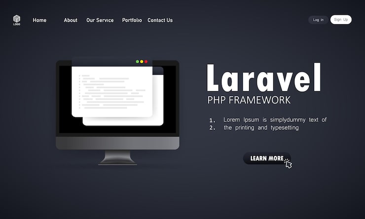 Vector 컴퓨터 화면에서 laravel php framework 프로그래밍 언어, 프로그래밍 언어 코드 일러스트레이션을 코딩하는 방법을 배웁니다. 격리 된 배경에 벡터입니다. eps 10.