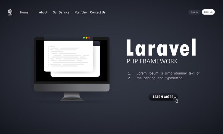 Vector 컴퓨터 화면에서 laravel php framework 프로그래밍 언어, 프로그래밍 언어 코드 일러스트레이션을 코딩하는 방법을 배웁니다. 격리 된 배경에 벡터입니다. eps 10.