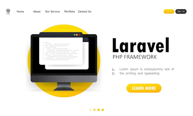 Learn to code Laravel PHP Framework programming language on computer screen, programming language code illustration. Vector on isolated white background. EPS 10.