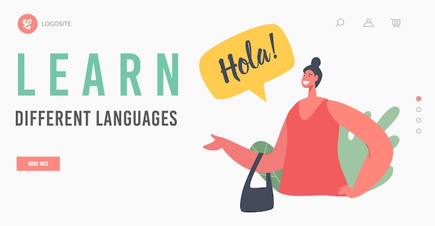 Impara il modello di pagina di destinazione di diverse lingue. personaggio femminile parla in lingua spagnola. l'insegnante o lo studente dicono hola o hello, woman communicate on espanol, education. illustrazione vettoriale dei cartoni animati