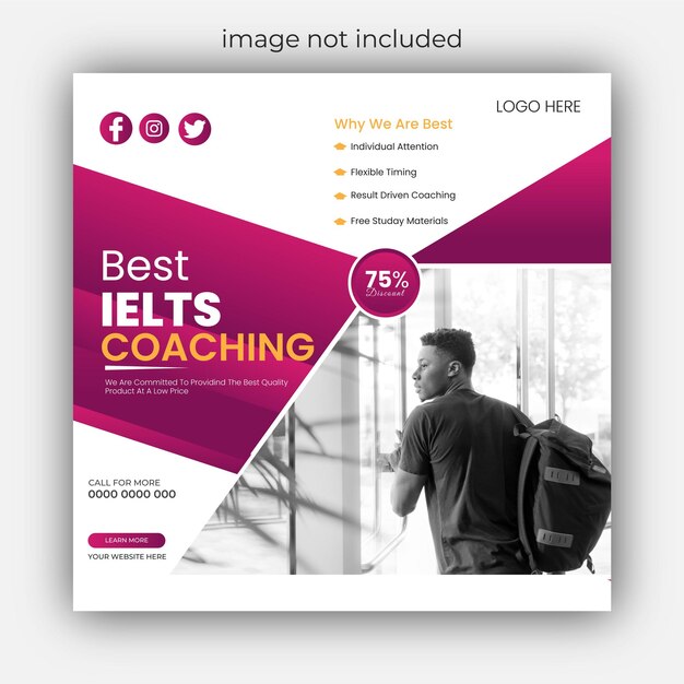 Vector learn english lesson and ielts coaching social media banner or square flyer template