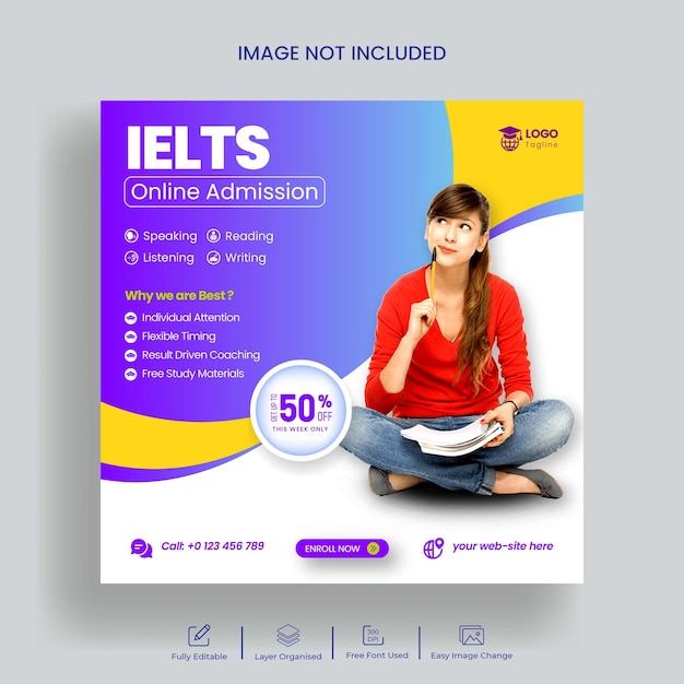 Урок английского языка пост в instagram и баннер для социальных сетей ielts или шаблон квадратного флаера