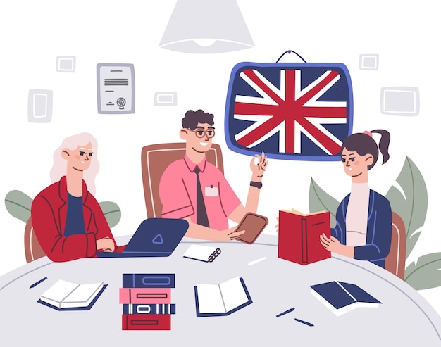 Vector learn english together students studying british language on computer at table preparing school exam reading book college library teamwork education recent vector illustration