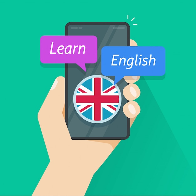 휴대 전화 앱을 통해 영어를 배우거나 스마트 폰 온라인 플랫 만화 이미지에서 외국어 공부