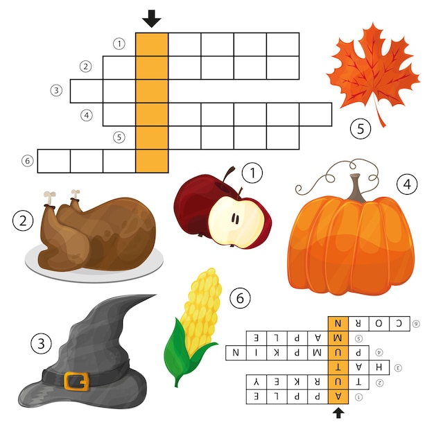 Learn english with an autumn crossword game for kids. vector illustration. halloween and thanksgiving theme