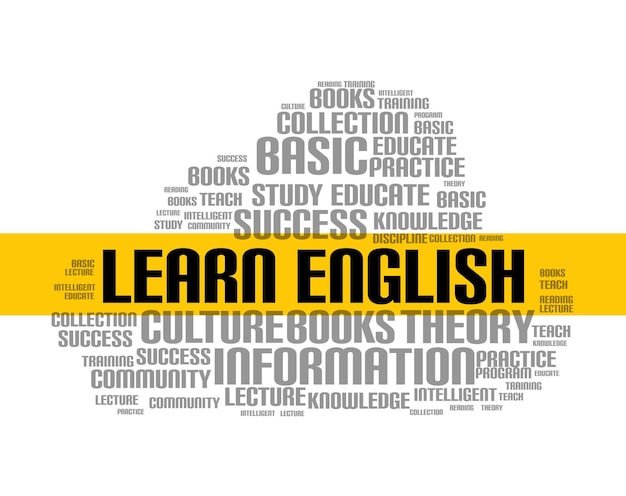 Вектор Изучите курс английского слова облако. обучение языковой школе онлайн урок иностранного языка.
