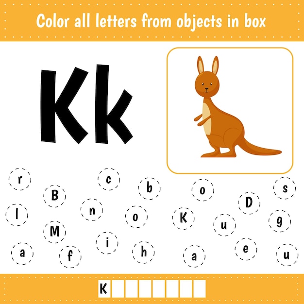 Learn english words Color letters Kangaroo Educational worksheet for kids developing
