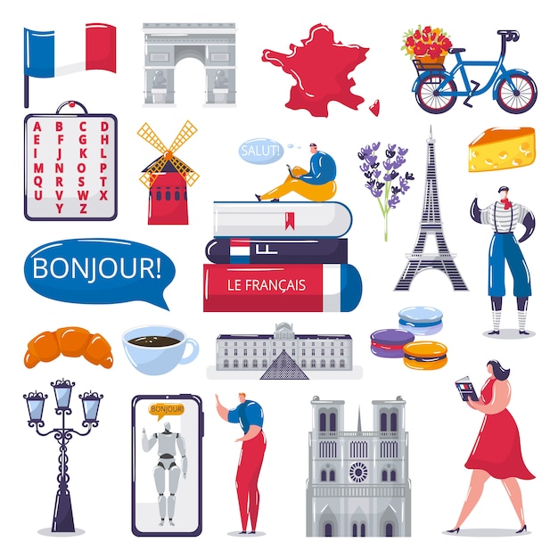 Learn French foreign language illustrations set for language school.