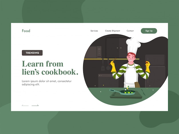 Impara dalla landing page del libro di cucina di lien con il carattere di chef che cucina in cucina.