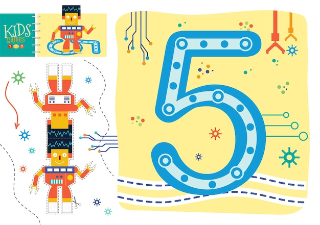 Узнайте, как написать цифру 5 для игры-иллюстрации для детей дошкольного возраста. вырежьте и приклейте игрушку робота и рабочий лист с цифровым символом пять.