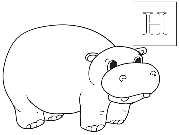 Impara il nome degli animali africani iscrizione hippopotamus gioco educativo vettore abc colorazione