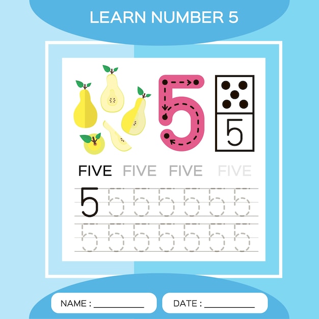 番号5を学びます。5。子供の教育ゲーム。トレース番号5を書き込みましょう。カウントゲーム。