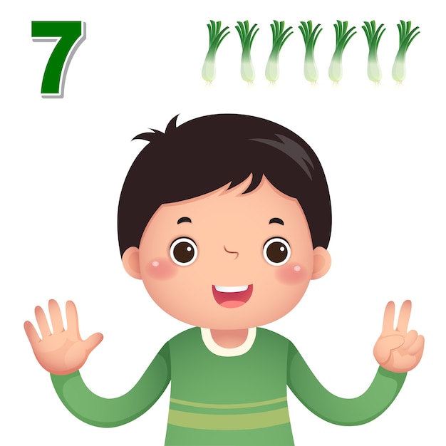 Impara il numero e il conteggio con la mano dei bambini che mostra il numero sette