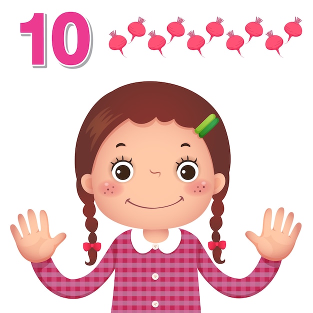 数字を学び、10番を示す子供の手で数える