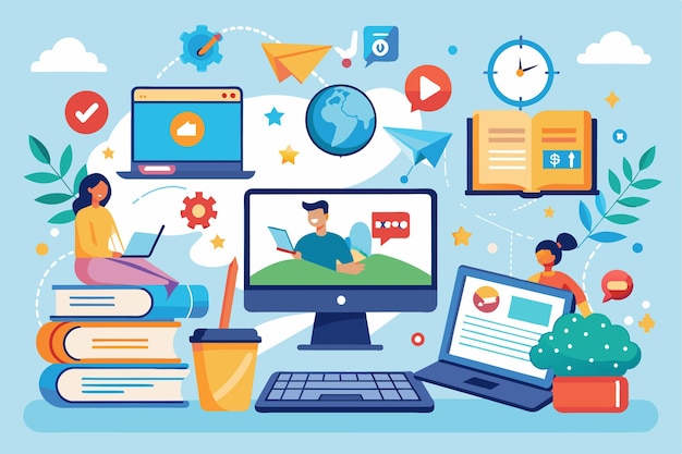 learners actively participate in online courses while utilizing computers in a colorful learning environment online courses and tutorials using computers and laptops