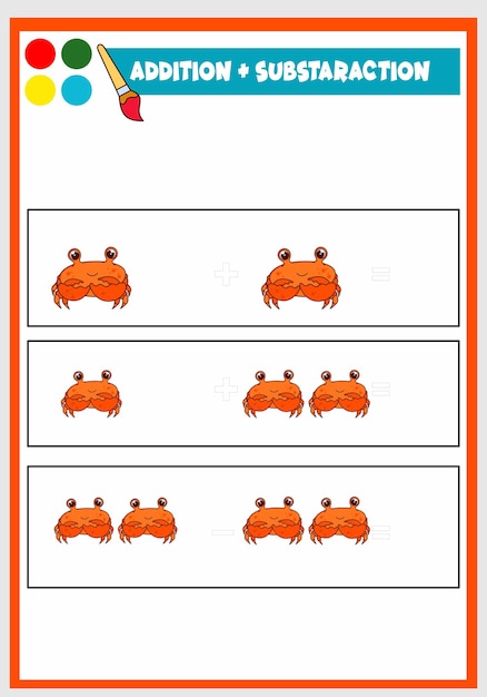 Learning addition and subs traction for kids cute crab