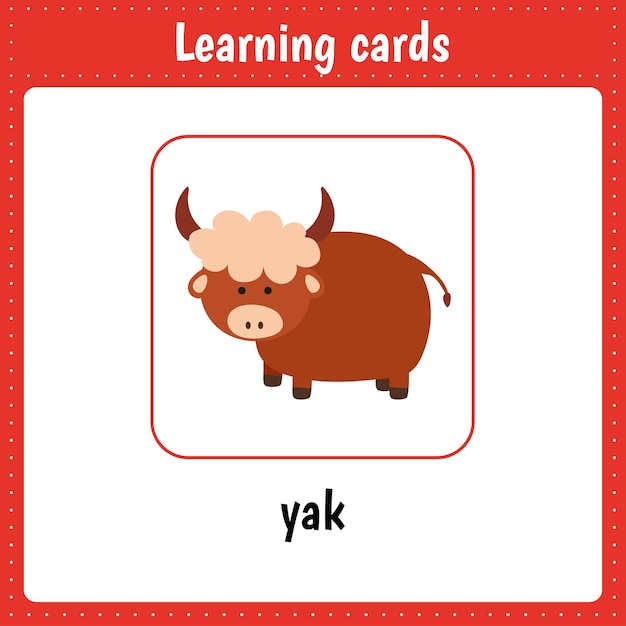 Vector learning cards for kids animals yak educational worksheets for kids preschool activity