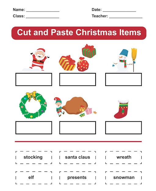 Learning Christmas item worksheet. Cut and paste activity. Educational sheet for preschool.