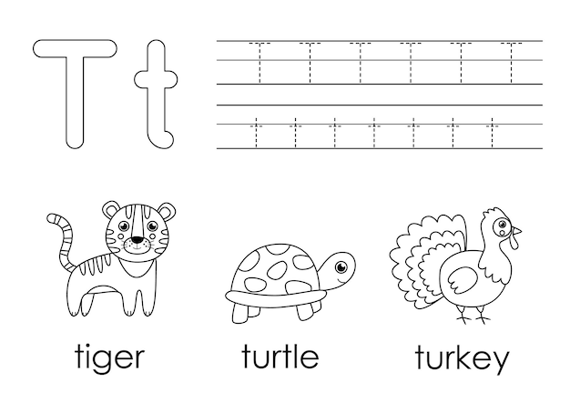 Learning English alphabet for kids Letter T Coloring book