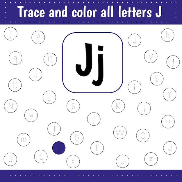 Learning English alphabet. Woksheets for for school and kindergarten. .Letters recognition. Color all letters Jj. Educational worksheet