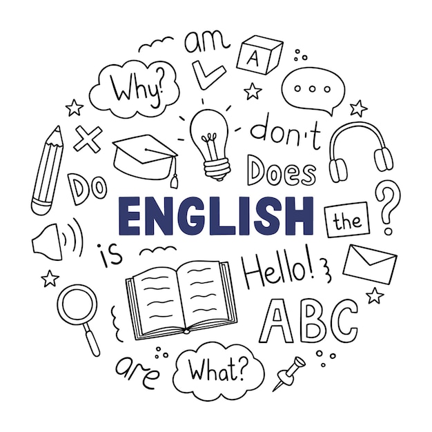 Learning English doodle set Language school in sketch style Online language education course