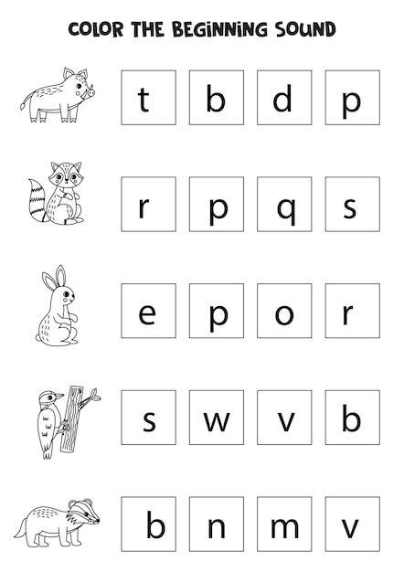 Learning English language for children Color the beginning sound of woodland animals