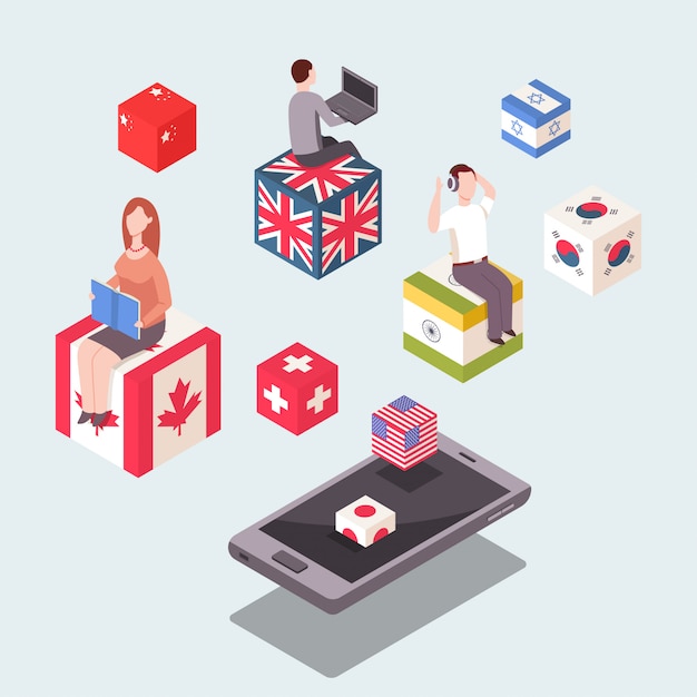 Learning foreign languages concept illustration.   3d flat isometric with flags of countries, people and mobile phone.