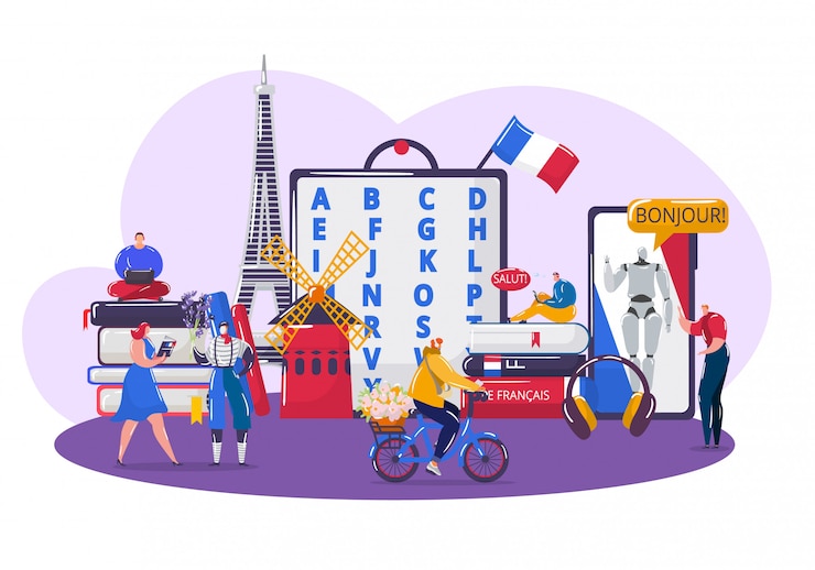Vector learning french language , cartoon tiny student people learn french, using app smartphone on white