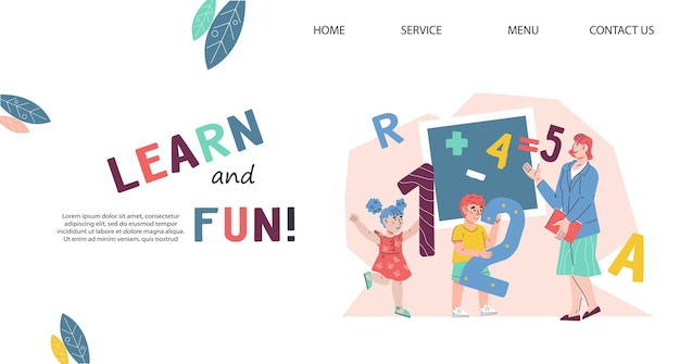 Vector learning and fun website banner concept with kids and teacher characters web banner design for school topics flat cartoon vector illustration on white background