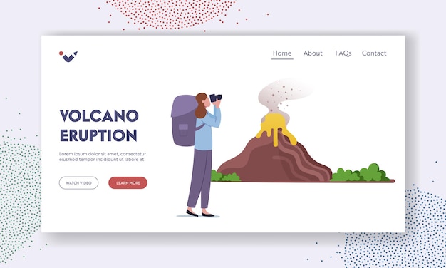 Learning Geological Information, Study Nature Disaster Landing Page Template. Scientist Volcanologist or Tourist Female Character with Binoculars Look on Volcano Eruption. Cartoon Vector Illustration