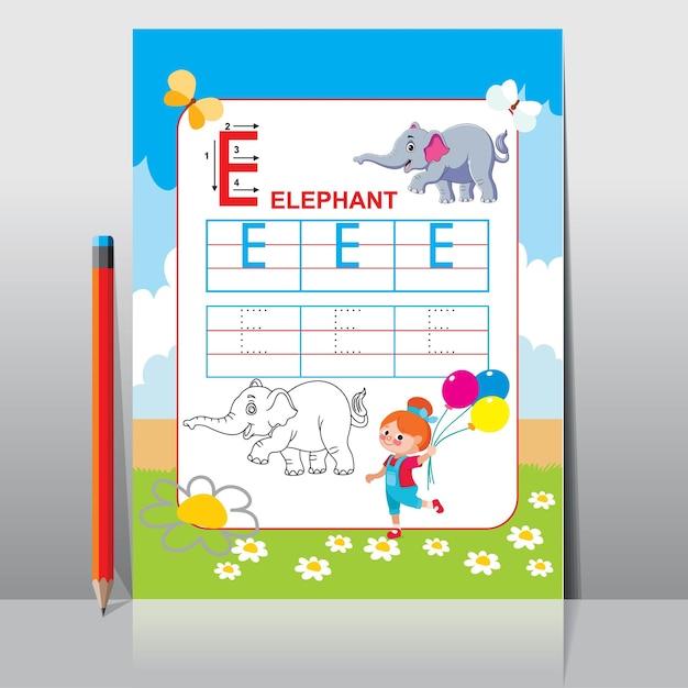 Vector learning kids alphabet activity, worksheet for learning alphabet., handwriting practice. e