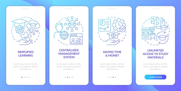 Learning management system benefits blue gradient onboarding mobile app screen