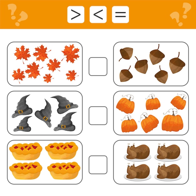 Learning mathematics, numbers - choose more, less or equal. tasks for addition for preschool children, worksheet for kids.