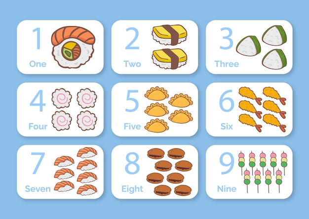 Carta del numero di apprendimento cibo asiatico a tema per bambini