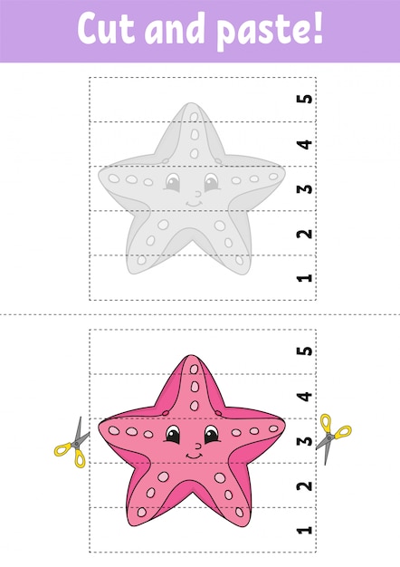 Numeri di apprendimento 1-5. taglia e incolla. personaggio di stelle marine. foglio di lavoro per lo sviluppo dell'istruzione.