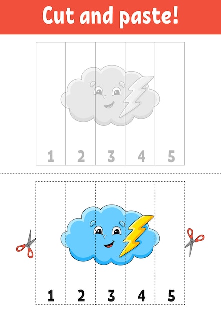 Learning numbers 15 Cut and glue cartoon character Education developing worksheet Game for kids Activity page Vector illustration