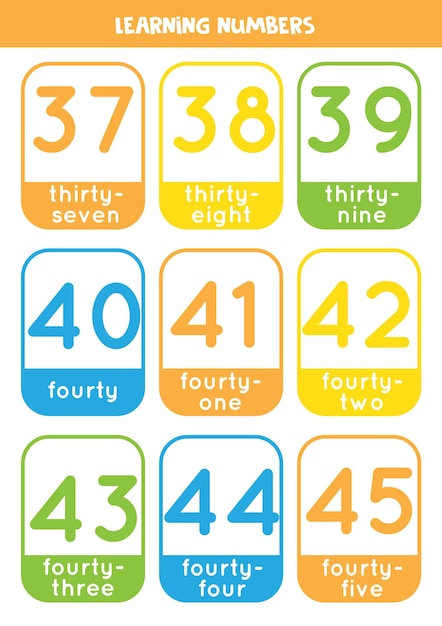 Learning numbers cards from 37 to 45 Colorful flashcards