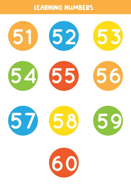 다채로운 원에서 51에서 60까지의 숫자 학습 미취학 아동을 위한 플래시 카드