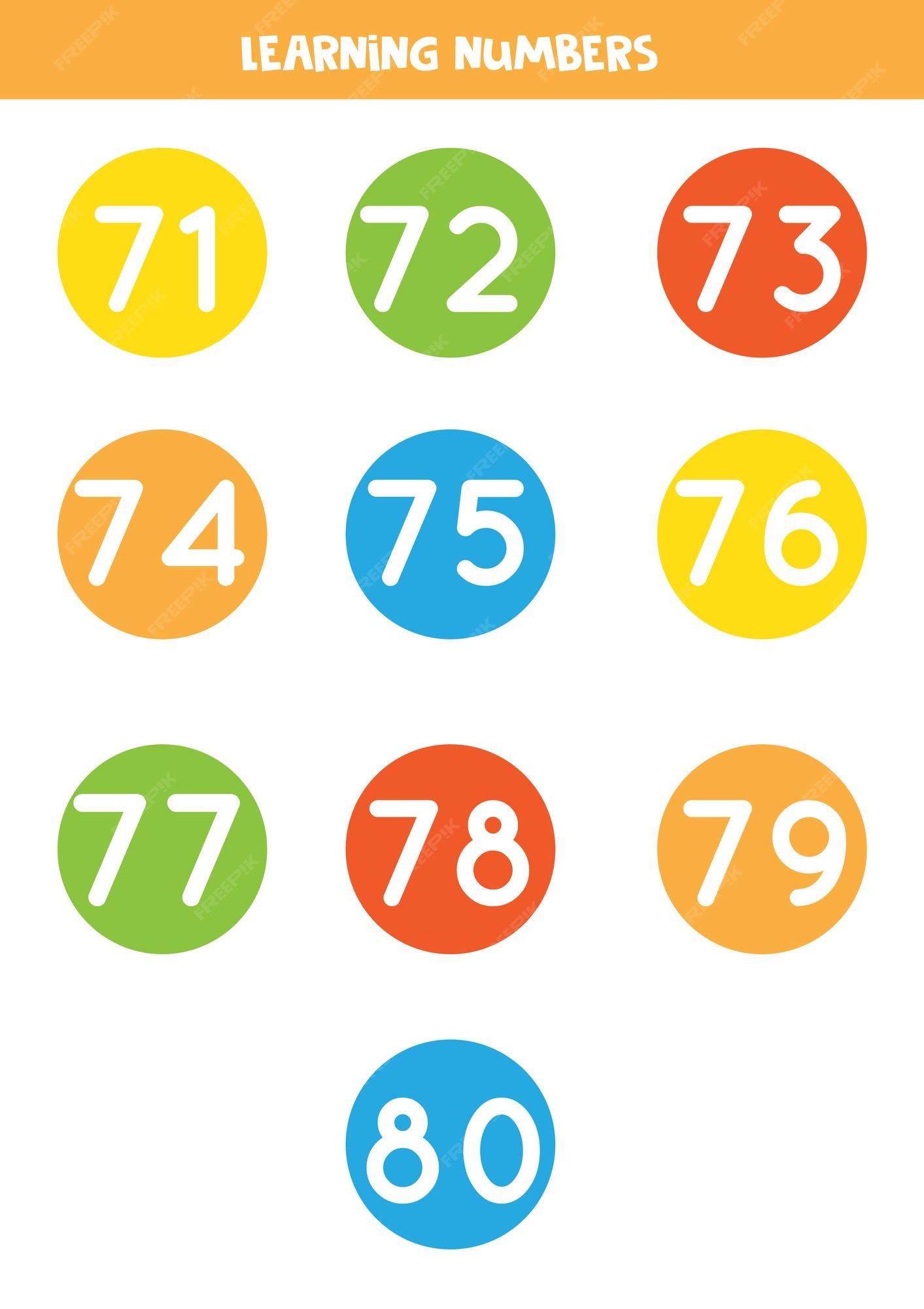 Premium Vector Learning numbers from 71 to 80 in colorful circles